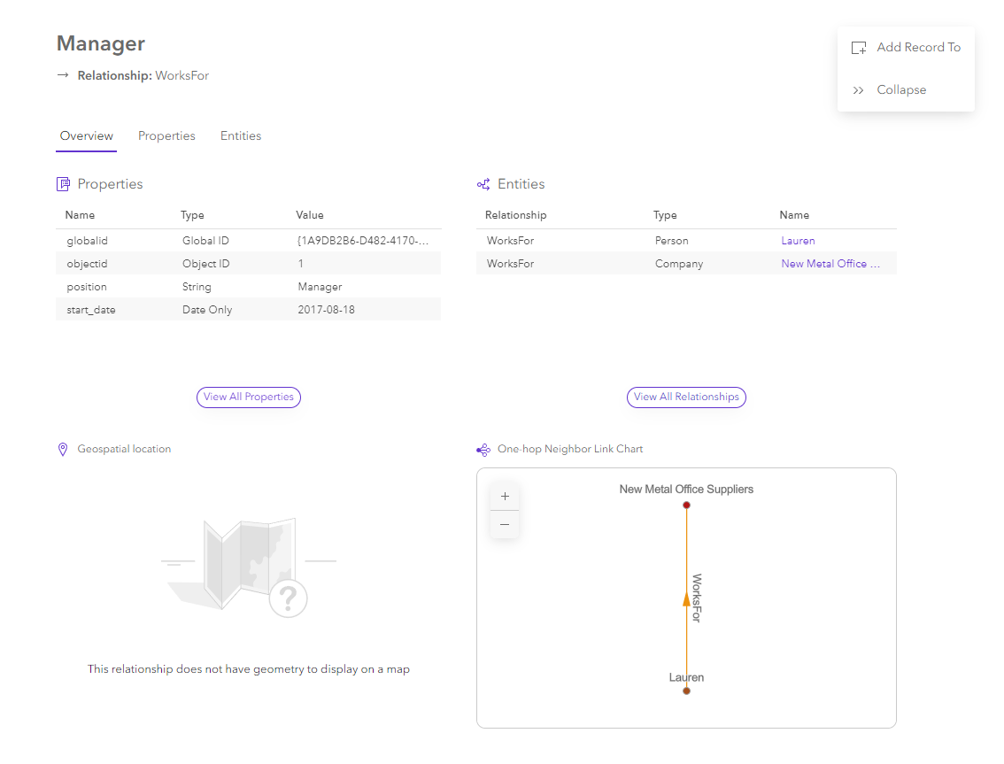 Content for a selected relationship on the Overview tab in the knowledge graph view